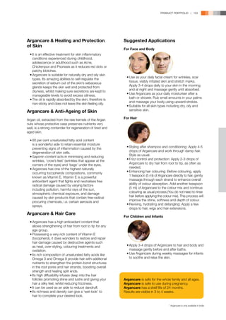 PRODUCT PORTFOLIO | 153




Argancare  Healing and Protection                            Suggested Applications
of Skin
                                                              For Face and Body
	 •	It is an effective treatment for skin inflammatory 	
		 conditions experienced during childhood, 	
		 adolescence or adulthood such as Acne, 	
		 Chickenpox and Psoriasis as it reduces red dots or 	
		 patchy blotches.
	 •	Argancare is suitable for naturally dry and oily skin 	
                                                              	 •	Use as your daily facial cream for wrinkles, scar 	
		 types. Its amazing abilities to self-regulate the 	
                                                              		 tissue, visibly irritated skin and stretch marks. 	
		 secretion of sebum out of the skin’s sebaceous 	
                                                              		 Apply 3-4 drops daily to your skin in the morning 	
		 glands keeps the skin wet and protected from 	
                                                              		 and at night and massage gently until absorbed.
		 dryness, whilst making sure secretions are kept to 	
                                                              	 •	Use Argancare as your daily moisturiser after a 	
		 manageable levels to avoid excess oiliness.
                                                              		 bath or shower. Rub small amounts in your palms 	
	 •	The oil is rapidly absorbed by the skin, therefore is 	
                                                              		 and massage your body using upward strokes.
		 non-sticky and does not leave the skin feeling oily.
                                                              	 •	Suitable for all skin types including dry, oily and 	
Argancare  Anti-Ageing of Skin                               		 sensitive skin.

Argan oil, extracted from the raw kernels of the Argan        For Hair
nuts whose protective case preserves nutrients very
well, is a strong contender for regeneration of tired and
aged skin.

	 •	80 per cent unsaturated fatty acid content 	
		 is a wonderful aide to retain essential moisture 	
		 preventing signs of inflammation caused by the 	           	 •	Styling after shampoo and conditioning: Apply 4-5 	
		 degeneration of skin cells.                                		 drops of Argancare and work through damp hair. 	
	 •	Saponin content acts in minimising and reducing 	         		 Style as usual.
		 wrinkles, ‘crow’s feet’ (wrinkles that appear at the 	     	 •	Frizz control and protection: Apply 2-3 drops of 	
		 corners of the eyes) and ‘bags’ under the eyes.            		 Argancare to dry hair from root to tip, as often as 	
	 •	Argancare has one of the highest naturally 	              		needed.
		 occurring tocopherols compositions, commonly 	             	 •	Enhancing hair colouring: Before colouring, apply 	
		 known as Vitamin E. Vitamin E is a powerful 	              		 1 teaspoon (5 ml) of Argancare directly to hair, gently 	
		 antioxidant agent that fights and neutralises free 	       		 massage through each strand to enhance overall 	
		 radical damage caused by varying factors 	                 		 ability of colour absorption. Add another teaspoon 	
		 including pollution, harmful rays of the sun, 	            		 (5 ml) of Argancare to the colour mix and continue 	
		 atmospheric chemical exposure, and damage 	                		 colouring as usual process (You do not need to rinse 	
		 caused by skin products that contain free-radical 	        		 hair before applying the colour mix). This process will 	
		 procuring chemicals, i.e. certain aerosols and 	           		 improve the shine, softness and depth of colour.
		sprays.                                                     	 •	Reviving, hydrating and detangling: Apply a few 	
                                                              		 drops to hair, wigs and hair extensions.
Argancare  Hair Care
                                                              For Children and Infants
	 •	Argancare has a high antioxidant content that 	
		 allows strengthening of hair from root to tip for any 	
		 age group.
	 •	Possessing a very rich content of Vitamin E 	
		 (tocopherol), it does wonders to restore and repair 	
		 hair damage caused by destructive agents such 	
		 as heat, over-styling, colouring treatments and 	          	 •	Apply 3-4 drops of Argancare to hair and body and 	
		oxidation.                                                  		 massage gently before and after baths.
	 •	Its rich composition of unsaturated fatty acids like 	    	 •	Use Argancare during weekly massages for infants 	
		 Omega 3 and Omega 9 provide hair with additional 	         		 to soothe and relax the skin.
		 nutrients to strengthen the protein-bond structures 	
		 in the root pores and hair strands, boosting overall 	
		 strength and healing split ends.
	 •	Its high diffusibility infuses deep into the hair 	
		 follicles promoting shine and lustre and giving your 	     Argancare	is safe for the whole family and all ages.
		 hair a silky feel, whilst reducing frizziness.             Argancare	is safe to use during pregnancy.
	 •	It can be used as an aide to reduce dandruff.             Argancare	has a shelf life of 24 months.
	 •	Its richness and density can give a ‘wet-look’ to 	       Results are visible in 3 to 4 weeks.
		 hair to complete your desired look.

                                                                                               * Argancare is only available in India.
 