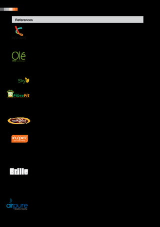 176 | PRODUCT PORTFOLIO




References
           1.	John P. Porcari, et al. Effects of Electrical Muscle Stimulation on Body Composition, Muscle Strength, and Physical Appearance.
           	 Journal of Strength and Conditioning Research [online], May 2002, 6(2), pp. 165-172. Available from: http://journals.lww.com/nsca-jscr/Abstract/2002/
           	 05000/Effects_of_Electrical_Muscle_Stimulation_on_Body.1.aspx
           2.	Far Infrared Radiation (FIR) and Health [online]. [Accessed January 2012]. Available from: http://www.earthtym.net/ref-far-infared.htm
           3.	James Mulcahy. What are the benefits of vibrational massage? Livestrong.com [online], May 2012. [Accessed January 2012]. Available from: 		
           	 http://www.livestrong.com/article/135062-what-are-benefits-vibrational-massage
           4.	Electrical Muscle Stimulation. Wikipedia (the free encyclopedia) [online], July 2012. [Accessed January 2012]. Available from: http://en.wikipedia.		
           	 org/wiki/Electrical_muscle_stimulation
           5.	Sederma (Member of Croda International Plc). Phytosonic™: Adipocyte Shedding by Ultrasound-like Effect pdf [online]. Croda International Plc, 		
           	 2012, [Accessed January 2012]. Available from: www.sederma.fr
           6.	Laboratoires Schwartz. [online]. [Accessed January 2012]. Available from: http://www.physiodiet.com/en/Produits/slimming.html


           1.	Stevenson, L., Hunter, D. Oxygen Radical Absorbance Capacity of olive leaf extract. Natural Products Unit of Southern Cross University. Tests conducted 	
           	 using the internationally accepted ORAC testing techniques developed by Brunswick Laboratories, USA. 2005.
           2.	Braun, L. Olive Leaf. The Journal of Complementary Medicine. Australian Pharmaceutical Publishing Company Pty Ltd, 4(3).
           3.	Ritcharson, J. ND. Olive leaf extract: Potent antibacterial, antiviral and antifungal agent. Australia: Woodland Publishing, 2000.
           4.	Munn, J. Olive leaf extract for fighting heart disease, (RMIT University, Research report to the American Heart Association 7th Annual Conference, 2007). 	
           	 Ezine @rticles [online], March 2012. Available from: http://ezinearticles.com/?Olive-Leaf-Extract-Research-For-Fighting-Heart-Diseaseid=3883539
           5. Benavente-Garcia O, et al. Antioxidant activity of phenolics extracted from Olea europaea L. leaves. Food Chemistry, 2000, 68(4), pp.457–462.
           6.	Bisignano G, Tomaino A, Lo CascioR, et al. On the in-vitro antimicrobial activity of oleuropein and hydroxytyrosol. J Pharm Pharmacol, 1999, 51(8), 		
           	pp.971–974.
           7.	Ma SC, He ZD, Deng XL, et al. In vitro evaluation of secoiridoid glucosides from the fruits of Ligustrum lucidum as antiviral agents. Chem Pharm Bull (Tokyo), 	
           	 2001, 49(11), pp.1471–1473.


           1.	Tan, Seok-Keik, et al. New phragmalin-type limonoids from Swietenia macrophylla King. Food Chemistry [online], August 2009, 115(4), pp.1279-1285. 		
           	 Available from: http://www.sciencedirect.com/science/article/pii/S0308814609000855
           2.	Creed Industries Inc. What are saponins? [online],2012. Available from: http://www.saponins.com
           3.	Flavonoids [online], 2005-2006. Available from: http://www.vitamins-supplements.org


           1.	Canadian Diabetes Association. The Benefits of Eating Fibre [online], 2012. Available from: http://www.diabetes.ca/diabetes-and-you/nutrition/fibre
           2.	US Department of Health Human Sciences. Build a Healthy Base: Choose a variety of grains daily, especially whole grains [online]. Available from:
           	 http://www.health.gov DIETARYGUIDELINES/dga2000/document
           3.	Health Castle. Fiber 101: Soluble Fiber vs Insoluble Fiber [online], 2005-2011. Available from: http://www.healthcastle.com/fiber-solubleinsoluble.shtml
           4.	Nestlé Professional. Benefits of a high-fibre diet. NESTLÉ PROFESSIONAL Nutrition Magazine [online], 2008. Available from: http://www.nestleprofessional.com/
           	 united-states/en/SiteArticles/Pages/HighFiberDiet1.aspx
           5.	Harvard School of Public Health. Nutrition Source: Fiber [online], 2012. Available from: www.hsph.harvard.edu/nutritionsource/what-should-you-eat/fiber
           6.	Your Heart Made Simple (HMPCommunications). How much fiber should I be eating? [online]. Available from: http://www.yourheartmadesimple.com/
           	 chapters/ch17/page2.cfm
           7.	National Center for Biotechnology Information. Gum arabic establishes prebiotic functionality in healthy human volunteers in a dose-dependent manner.
           	 British Journal of Nutrition [online]. Available from: http://www.ncbi.nlm.nih.gov/ pubmed/18466655
           8. Food-Info. Prebiotics [online]. Available from: http://www.food-info.net/uk/ff/prebiotics.htm


           1.	Dolson, Laura. Protein: How much do you need? About.com, a New York Times Company [online], October 2011. Available from: http://lowcarbdiets.
           	 about.com/od/nutrition/a/protein.htm
           2.	The New York Times [online], 2012. Available from: http://health.nytimes.com/health/guides/nutrition/fat/overview.html
           3.	Solae™.Solae Ingredients [online], Solae, LLC, 2012. Availablefrom: www.solae.com/Soy-Ingredients/Solae-Ingredients.aspx
           4.	LSU Ag Center. Phytochemicals (Lesson 11, Part A). Phytochemicals – Yet Another Reason to Eat Your Plant Foods.
           5.	The American Society for Nutritional Sciences. The Protein Digestibility–Corrected Amino Acid Score. Journal of Nutrition, 2000, 130, pp.18655-18670.


           1.	Jarret Morrow, M.D. Performance Enhancing Effects of Growth Hormone in Recreational Athletes. Supplement Updates [online], July 2010. Available from: 	
           	 http://www.jarretmorrow.com/research-performance-enhancing-hgh-growth-hormone-anabolic-steroids
           2.	Dan Hammer. The Magic Bullet Series: L-arginine  the African-American Community. Ezine @rticles [online], January 2007. Available from:
           	 http://ezinearticles.com/?The-Magic-Bullet-Series:-L-arginine-and-the-African-American-Community!id=414662
           3.	Nutritional Reviews. L-arginine [online]. 2012. Available from: http://www.nutritionalreviews.org/arginine
           4.	Dr. Abhay Kumar Pati. Best Nutrition Products, Inc. Hayward, CA USA. TONGKAT ALI Press Release. PRLog [online], July 2010. Available from:
           	 http://www.prlog.org/10777750-tongkat-ali-dr-abhay-kumar-pati-best-nutrition-hayward-ca-usa.html
           5.	Samuelle Milby. Researching Whether Tongkat Ali Extract Actually Works. Pharmacy Facts [online], May 2010. Available from http://www.pharmacyfacts.info/	
           	researching-whether-tongkat-ali-extract-actually-works.html
           6.	MedLine Plus. Enlarged Prostate [online]. 2012. Available from: http://www.nlm.nih.gov/medlineplus/ency/article/000381.htm
           7. University of Maryland Medical Center (UMMC). Saw Palmetto [online]. 2011. Available from: http://www.umm.edu/altmed/articles/saw-palmetto-000272.htm
           8. National Kidney and Urologic Diseases Information Clearinghouse (NKUDIC). Prostate Enlargement: Benign Prostatic Hyperplasia [online]. June 2006.
           	 Available from: http://kidney.niddk.nih.gov/kudiseases/pubs/prostateenlargement
           9.	Wendy Melton. Health Benefits of Saw Palmetto. Livestrong.com [online], February 2011. Available from: http://www.livestrong.com/article/371047-health-	
           	 benefits-of-saw-palmetto


           1.	Dental Guide. A guide to toothpaste [online] Available from: http://www.dentalguide.co.uk/patient_guide/toothpaste.html
           2.	Tea Catechin EGCg Suppresses the mgl Gene Associated with Halitosis. Journal of Dental Research [online], November 2010, 89(11), pp. 1304-1308.
           	 Available from: http://jdr.sagepub.com/content/89/11/1304.full.pdf
           3.	NYU Langone Medical Center. Eucalyptus [online], July 2012. Available from: http://www.med.nyu.edu/content?ChunkIID=108301#ref7
           4.	SciVerse Science Direct. In vitro effects of echinacea and ginseng on natural killer and antibody-dependent cell cytotoxicity in healthy subjects and chronic 	
           	 fatigue syndrome or acquired immunodeficiency syndrome patients [online], November 1998. Available from: http://www.sciencedirect.com/science/article/	
           	 pii/S0162310996001257
           5.	Tieraona Low Dog, MD. A Reason to Season: The Therapeutic Benefits of Spices and Culinary Herbs. Explore: Diet and Nutrition [online],
           	 September-October 2006, 2(5). Available from: http://tilia.zf.mendelu.cz/ustavy/553/dzi/www/data/11_area.pdf
           6.	British Dental Journal. Xylitol and caries prevention — is it a magic bullet? [online], April 2003, 194, pp. 429-436. Available from: http://www.nature.com/bdj/	
           	 journal/v194/n8/abs/4810022a.html
           7.	Teotia M, et al. Endemic chronic fluoride toxicity and dietary calcium deficiency interaction syndromes of metabolic bone disease and deformities in India: 	
           	 Year 2000. Indian Journal of Pediatrics [online], 1998, 65(3), pp. 371-381, DOI: 10.1007/BF02761130. Available from: http://www.springerlink.com/content/	
           	c736x35251g040k8


           1.	Guidelines for the assessment of bioaerosols in the indoor environment. American Conference of Governmental Industrial Hygienists, 1989, Cincinnati.
           2.	Danish Building Research Institute. SBI Report 212: Indoor climate and air quality problems - investigation and remedy, 1990. Horsholm.
           3.	United States Environmental Protection Agency. An Introduction to Indoor Air Quality (IAQ) [online], 2012. Available from: http://www.epa.gov/iaq/ia-intro.html
           4.	How Stuff Works. How Indoor Air Pollution Works [online], 1998-2012. Available from: http://home.howstuffworks.com/home-improvement/household-		
           	 safety/tips/indoor-air-pollution1.htm
           5.	Canadian Centre for Occupational Health and Safety. Indoor Air Quality – General [online], July 2011. Available from: http://www.ccohs.ca/oshanswers/		
           	 chemicals/iaq_intro.html
 