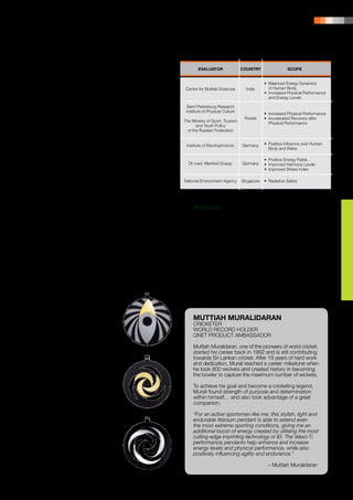 PRODUCT PORTFOLIO | 23




MADE FOR SPORTS                                               PRODUCT EVALUATIONS & CERTIFICATIONS*
Manufactured in Germany and energised in Austria,                       EVALUATOR                 COUNTRY                      SCOPE
Veloci-Ti pendants are made from light, strong, and
durable titanium to withstand the vigorous conditions
an athlete experiences, making them ideal for active                                                             •	Balanced Energy Dynamics
                                                                 Centre for Biofield Sciences         India      	 of Human Body
people and athletes to wear while playing sports.                                                                •	 Increased Physical Performance
Veloci-Ti is suitable for all sports, including football,                                                        	 and Energy Levels
basketball, badminton, fitness, aerobics, weightlifting,
golf, running, tennis, archery, skiing or surfing.               Saint Petersburg Research
                                                                 Institute of Physical Culture
                                                                                                                 •	 Increased Physical Performance
Veloci-Ti pendants are not only practical; but also             The Ministry of Sport, Tourism
                                                                                                     Russia      •	 Accelerated Recovery after
sleek, contemporary, and futuristic in their design,                   and Youth Policy
                                                                                                                 	 Physical Performance
making for unique accessories. Each piece features                of the Russian Federation
a geometric fractal that makes a powerful visual
statement, whether in grey and black or with classy                                                              •	 Positive Influence over Human
gold inlay. No matter which design, each Veloci-Ti               Institute of Electrophotonic      Germany
                                                                                                                 	Body and Water
pendant provides the same benefits as a defining
signature piece.                                                                                                 •	 Positive Energy Fields
                                                                  Dr med. Manfred Doepp            Germany       •	 Improved Harmony Levels
KEY BENEFITS                                                                                                     •	 Improved Stress Index


Veloci-Ti may assist to enhance, balance and increase your:     National Environment Agency        Singapore     •	 Radiation Safety

•	Energy levels
                                                              * Refer to page 170 for detailed Product Evaluations & Certifications.
•	Physical performance
•	Endurance
•	Resistance                                                         Disclaimer
•	Agility                                                            Veloci-Ti pendants should not be considered as an alternative to professional
                                                                     medical devices or intended as a substitute for professional medical
USING VELOCI-TI                                                      opinion and/or a cure or substitute for any medical treatment of any
                                                                     nature whatsoever. The buyer and/or user are advised to seek its own
                                                                     professional medical advice in the event they have any doubts in connection
Veloci-Ti pendants can be worn inside or outside of                  with the use of this product prior to its use. Should the buyer and/or
your clothes during any activity. It is best not to wear             user experience any contraindication of any nature whatsoever of feel
Veloci-Ti while sleeping because the energy frequency                that they may, the buyer and/or user should immediately consult their
may interfere with your natural sleeping pattern and                 medical practitioner, or physician and seek professional medical advice.
the relaxed state your body needs to be in to achieve                It is the responsibility of the buyer and/or user to ensure that this product’s
                                                                     use is appropriate for any particular application.
deep sleep.
                                                                     The information contained herein has been compiled from sources believed
YOUR VELOCI-TI PENDANTS                                              to be reliable but no warranty, expressed or implied, is given that the
                                                                     information is accurate. All such warranties are expressly disclaimed
                                                                     and excluded. All information contained therein may be changed without
                                                                     notice at any time. All liability howsoever arising from any error in or
                                                                     omission herein and for all consequences of relying on it is expressly
                                                                     disclaimed.

CONCORD
Grey and black                                                       MUTTIAH MURALIDARAN
PVD-plated brushed                                                   CRICKETER
titanium, 18 K gold inlay,                                           WORLD RECORD HOLDER
35 mm Ø                                                              QNET PRODUCT AMBASSADOR

                                                                     Muttiah Muralidaran, one of the pioneers of world cricket,
                                                                     started his career back in 1992 and is still contributing
                                                                     towards Sri Lankan cricket. After 19 years of hard work
                                                                     and dedication, Murali reached a career milestone when
                                                                     he took 800 wickets and created history in becoming
COSMOS DYNAMIC                                                       the bowler to capture the maximum number of wickets.
Laser-engraved black
PVD-plated titanium,                                                 To achieve his goal and become a cricketing legend,
18 K gold inlay, 35 mm Ø                                             Murali found strength of purpose and determination
                                                                     within himself… and also took advantage of a great
                                                                     companion.

                                                                     “For an active sportsman like me, this stylish, light and
                                                                     endurable titanium pendant is able to extend even
                                                                     the most extreme sporting conditions, giving me an
COSMOS                                                               additional boost of energy created by utilising the most
Laser-engraved grey                                                  cutting-edge imprinting technology or IEI. The Veloci-Ti
and black PVD-plated                                                 performance pendants help enhance and increase
titanium, 35 mm Ø                                                    energy levels and physical performance, while also
                                                                     positively influencing agility and endurance.”

                                                                                                                   − Muttiah Muralidaran
 