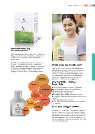 PRODUCT PORTFOLIO | 29




InShape Energy Jelly
Give Your Body A Boost

Feeling tired with your day-to-day routine? Experience
fatigue or lack of energy while dieting or after physical
activities? Give your body a boost with InShape
Energy Jelly!

Carefully researched and developed by Laboratories
Schwartz, InShape Energy Jelly is a great-tasting                                    What’s Inside this Small Sachet?
energy gel drink scientifically formulated to bring energy
to the cells, muscles and the brain. When taken over                                 Each sachet of InShape Energy Jelly is exclusively
a period of time, the jelly will make you feel more                                  packed with a number of powerful active ingredients
energetic and alert, without any harmful side effects.                               including Quercetin, CoQ10, L-arginine, Vinitrox,
                                                                                     Vitamin C, Green Tea Extract, Ginseng and Stevia.
                                                                                     The high-powered blend of ingredients effectively
                                                                                     boosts your energy level, prevents ageing, and
                                                          Quercetin                  protects the cells from external aggressors.
                                                       (Potent Antioxidant &
                                                      Anti-Inflammatory Agent)
                                                                                     Why You Will Love InShape
                                      CoQ10                                          Energy Jelly
                                       (Cellular
                                    Energy Booster)
                                                                                     • Has an advanced formula of active ingredients
                                                                  L-arginine         • Maximises energy delivery and performance
                                                                  (Cardiovascular
                                                                  System Booster)
                                                                                     • Slows down the ageing process
                                                                                     • Supports weight management
                                            Vinitrox                                 • Has a fresh, great-tasting, natural apple flavour
                                       (Potent Antioxidant &
                                         Physical Recovery                           • Comes in a small, easy and convenient pack to carry
                                              Agent)
                                                                                       around
                                                                 Vitamin C           • Easily digestible and absorbable
                                                               (Potent Antioxidant
                             Green Tea                          & Cellular Energy    • Does not contain artificial sweetener, sugar, caffeine,
                              Extract                               Booster)           or guarana
                             (Detox & Natural
                                                    Stevia                           Boost Your Energy to the Max
                             Energy Booster)
                                                (Natural Sweetener)


                   Ginseng                                                           Give your body a boost with InShape Energy Jelly! You
                      (Natural
                     Stimulant)
                                                                                     can take it anytime of the day. Not only does this jelly
                                                                                     drink provide you some extra energy to maintain optimum
                                                                                     performance, it also prevents ageing through antioxidant
                                                                                     and detox ingredients. Say goodbye to fatigue and rock
                                                                                     out with an explosion of energy by activating your body
                                                                                     with InShape Energy Jelly.
 