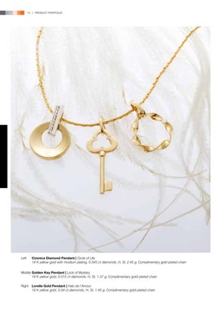 74 | PRODUCT PORTFOLIO




Left	   Cironica Diamond Pendant | Circle of Life
	       18 K yellow gold with rhodium plating, 0.045 ct diamonds, H, SI, 2.45 g; Complimentary gold-plated chain


Middle	Golden Key Pendant | Lock of Mystery
	      18 K yellow gold, 0.015 ct diamonds, H, SI, 1.37 g; Complimentary gold-plated chain

Right	 Lorelle Gold Pendant | Halo de l’Amour
	      18 K yellow gold, 0.04 ct diamonds, H, SI, 1.45 g; Complimentary gold-plated chain
 