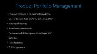 Product Portfolio Management
• Ship cool products at an ever faster cadence
• Consolidate product, platform, technology stack
• Automate Roadmap
• Prioritize including what-if
• Resource and skills mapping including what-if
• Schedule
• Tracking status
• Full transparency
 