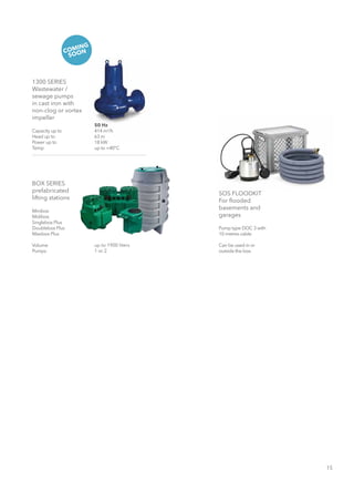15
up to 1900 liters
1 or 2
50 Hz
414 m3
/h
63 m
18 kW
up to +40°C
BOX SERIES
prefabricated
lifting stations
Minibox
Midibox
Singlebox Plus
Doublebox Plus
Maxibox Plus
Volume
Pumps
SOS FLOODKIT
For flooded
basements and
garages
Pump type DOC 3 with
10 metres cable
Can be used in or
outside the box.
1300 SERIES
Wastewater /
sewage pumps
in cast iron with
non-clog or vortex
impeller
Capacity up to
Head up to
Power up to
Temp
COMING
SOON
 