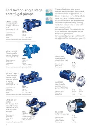 8
End suction single stage
centrifugal pumps.
The centrifugal range is the largest
available within the Lowara portfolio and
covers a multitude of applications. The
Lowara single-stage end-suction products
range has a large hydraulic coverage;
supported by diverse seal arrangements
and material options to satisfy pumping
needs from potable water to water with
aggressive chemicals.
As mandated by the European Union, the
applicable series are compliant with the
ErP Eco-design directives.
Variable speed pumping is available with
the addition of the Hydrovar (see page 19).
e-NSCE SERIES
Closed impeller
pumps, extended
shaft
According to EN 733
Capacities up to
Head up to
Powers up to
Temp
Various materials and seals options available
Various materials and seals options available
Various materials and seals options available
Various seals options available
e-NSCS SERIES
Closed impeller
pumps, stub shaft
According to EN 733
Capacities up to
Head up to
Powers up to
Temp
e-NSCF/C SERIES
Closed impeller
pumps, frame
mounted (elastic
or spacer
coupling)
According to EN 733
Capacities up to
Head up to
Powers up to
Temp
50 Hz
130 m3
/h
100 m
22 kW
-25°C to +140°C
50 Hz
1300 m3
/h
160 m
90 kW
-25°C to +140°C
50 Hz
1800 m3
/h
160 m
315 kW
-25°C to +140°C
50 Hz
53 m3
/h
50 m
11 kW
SHO SERIES
open impeller
pumps (AISI 316)
Capacity up to
Head up to
Power up to
50 Hz
240 m3
/h
110 m
37 kW (extended shaft
version up to 22 kW)
-30°C to +120°C
e-SHE-SHS-SHF
SERIES
Full stainless steel
(AISI 316) pumps:
extend shaft, stub
shaft and frame
mounted
Capacity up to
Head up to
Power up to
Temp
50 Hz
54 m3
/h
24 m
3 kW
60 Hz
54 m3
/h
24 m
3 kW
CO SERIES
open impeller
stainless steel
pumps (AISI 316)
Capacity up to
Head up to
Power up to
50 Hz
4.2 m3
/h
53 m
8 m
1,1 kW
BG SERIES
self priming pumps
Capacity up to
Head up to
Suction head to
Power up to
 