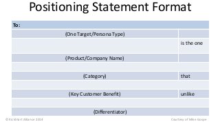 Positioning Statement Format
To:
(One Target/Persona Type)
is the one
(Product/Company Name)
(Category) that
(Key Customer Benefit) unlike
(Differentiator)
© KickStart Alliance 2014 Courtesy of Mike Gospe
 