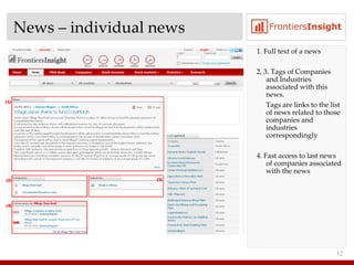 News  –  individual news 1. Full text of a news 2, 3. Tags of Companies and Industries associated with this news. Tags are links to the list of news related to those companies and industries correspondingly 4.  Fast access to last news of companies associated with the news 