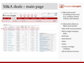 M&A deals  –  main page 1. M&A deal search   according to keyword (e.g. company name), country and industry 2. Information about an M&A deal include: - date of the announcement - link to target company page - deal type - deal amount - share - status - country of target company - link to full text of news 