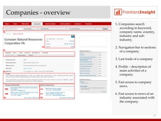 Companies  -  overview 1. Companies search according to keyword, company name, country, industry and sub-industry . 2. Navigation bar to sections of a company .  3. Last trade of a company 4.  Profile  –  description of main activities of a company . 5.  Fast access to company news . 6.  Fast access to news of an industry associated with the company . 