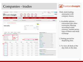 Companies  -  trades Daily stock trading summaries with company shares . 1. Available options  –  conversion into other currencies ;  filtering according to deal currency ,  market sector, type of shares and stock exchange . 2. Setting period for displaying data .  3. To view all deals of the day click on the date . 