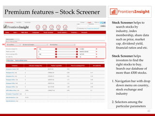 Premium features  –  Stock Screener Stock Screener  helps to search stocks by industry, index membership, share data such as price, market cap, dividend yield, financial ratios and etc. Stock Screener  helps investors to find the right stocks to buy. Search our database of more than 4300 stocks. 1. Navigation bar with drop down menu on country, stock exchange and industry 2. Selectors among the particular parameters  