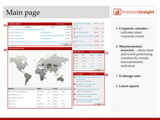 Main page 5.  Corporate calendar –  indicates latest corporate events 6.  Macroeconomic overview  - shows best and worth performing countries by certain macroeconomic indicators  7.  Exchange rates 8.  Latest reports 