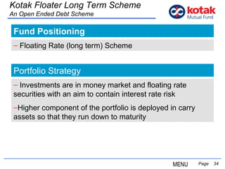 Fund Positioning   Page  Kotak Floater Long Term Scheme An Open Ended Debt Scheme Floating Rate (long term) Scheme Portfolio Strategy Investments are in money market and floating rate  securities with an aim to contain interest rate risk Higher component of the portfolio is deployed in carry assets so that they run down to maturity MENU 