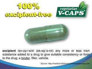 excipient /ex·cip·i·ent/ (ek-sip´e-int) any more or less inert
substance added to a drug to give suitable consistency or form
to the drug; a binder, filler, vehicle.
                           Source: http://medical-dictionary.thefreedictionary.com
 