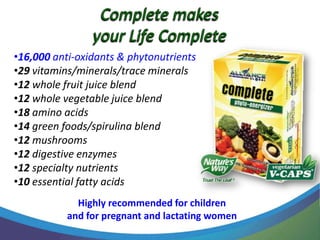 •16,000 anti-oxidants & phytonutrients
•29 vitamins/minerals/trace minerals
•12 whole fruit juice blend
•12 whole vegetable juice blend
•18 amino acids
•14 green foods/spirulina blend
•12 mushrooms
•12 digestive enzymes
•12 specialty nutrients
•10 essential fatty acids
             Highly recommended for children
           and for pregnant and lactating women
 