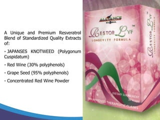 A Unique and Premium Resveratrol
Blend of Standardized Quality Extracts
of:
- JAPANSES KNOTWEED (Polygonum
Cuspidatum)
- Red Wine (30% polyphenols)
- Grape Seed (95% polyphenols)
- Concentrated Red Wine Powder
 