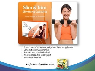 •   Proves most effective new weight loss dietary supplement
•   Combination of Glucomannan
•   South African Hoodia Gordonii
•   All-natural appetite suppressant
•   Metabolism booster


      Perfect combination with
 