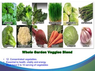 • 12 Consentrated vegetables.
• Essential to health, vitality and energy
• Must have 5 to 10 serving of vegetables
 