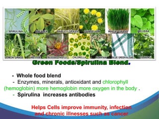 - Whole food blend
   - Enzymes, minerals, antioxidant and chlorophyll
(hemoglobin) more hemoglobin more oxygen in the body .
   - Spirulina increases antibodies

          Helps Cells improve immunity, infection
           and chronic illnesses such as cancer
 