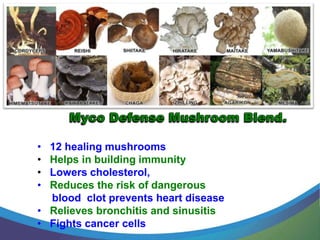 • 12 healing mushrooms
• Helps in building immunity
• Lowers cholesterol,
• Reduces the risk of dangerous
  blood clot prevents heart disease
• Relieves bronchitis and sinusitis
• Fights cancer cells
 