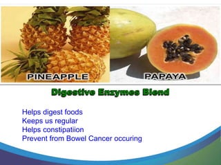 Helps digest foods
Keeps us regular
Helps constipatiion
Prevent from Bowel Cancer occuring
 