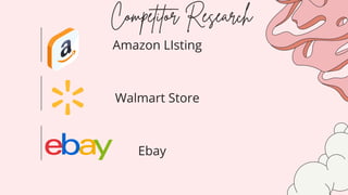 Competitor Research
Amazon LIsting
Walmart Store
Ebay
 