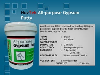 NovTek All-purpose Gypsum
Putty
An all-purpose filler compound for leveling, filling, or
patching of gypsum boards, fiber cements, fiber
boards, concrete surfaces.
 
 FORM : Paste
COLOR : off white
WATER/POWDER
DRYING TIME : 24 hours
CONSISTENCY : homogenous paste
PACKAGING : 5 kg/bucket
28 kg/pail
COVERAGE AREA : 5linear meter/6” width
VOC CONTENT : Very low odor
SHELFLIFE : 12 Months
 