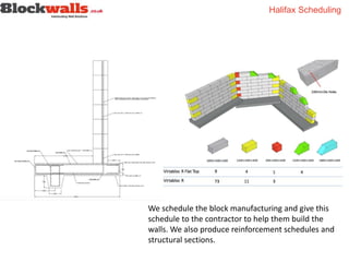 Halifax Scheduling
We schedule the block manufacturing and give this
schedule to the contractor to help them build the
walls. We also produce reinforcement schedules and
structural sections.
 