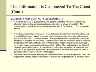Sample Chart of Client’s Projected Range of Long-Term Care CostsChart displays the Probabilities that the Future Long-Term Care Costs of the Client Will Be Met By Setting Aside Certain Levels of Assets (displayed before tax)Sample 65 year old single male who is insurable at standard rates for long-term care insurance.  