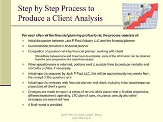 How Does the Combining Take Place? (Cont.)If the client’s chances for success are too low (as determined by the financial planner and client):Investment, insurance, long-term care plans and non-variable spending strategies can be modified and re-projected if any goals are not met; iterations can be performed until the client is satisfied (or the chances of success maximized)