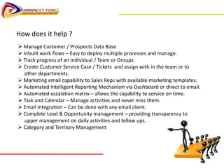 How does it help ?
 Manage Customer / Prospects Data Base
 Inbuilt work flows – Easy to deploy multiple processes and manage.
 Track progress of an Individual / Team or Groups.
 Create Customer Service Case / Tickets and assign with in the team or to
   other departments.
 Marketing email capability to Sales Reps with available marketing templates.
 Automated Intelligent Reporting Mechanism via Dashboard or direct to email.
 Automated escalation matrix – allows the capability to service on time.
 Task and Calendar – Manage activities and never miss them.
 Email Integration – Can be done with any email client.
 Complete Lead & Opportunity management – providing transparency to
   upper management on daily activities and follow ups.
 Category and Territory Management
 