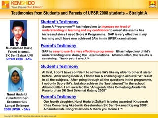 Testimonies from Students and Parents of UPSR 2008 students – Straight A Student’s TestimonyScore A Programme™ has helped me to increase my level of   understanding in learning and my confidence to undertake exams has increased since I used Score A Programme.  SAP is very effective in my learning and I have now achieved 5A’s in my UPSR examinationsParent’s TestimonyMuhammad Haziq                 Fahmi b Ismail, SK Seri Sabak UNI                                     UPSR 2008 - 5A’sSAP is easy to use & a very effective programme.  It has helped my child’s understanding level during the   examinations.  Alhamdulillah, the results is satisfying.  Thank you Score A™.Student’s TestimonyAt first, I don’t have confident to achieve 5A’s like my elder brother & sister before.  After using Score A, I find it fun & challenging to achieve “A” result in all the subjects.  After going through all the questions in the programme, I not only Score 5A’s, but also achieve the ‘best student” in the school.  Alhamdulillah, I am awarded the “Anugerah Khas Cemerlang Akademik Keseluruhan SK Seri Sekamat Kajang 2008”Nurul Huda bt Zulkefli SK Seri Sekamat Hulu Langat Selangor 2008 UPSR  - 5A’sParent’s TestimonyOur fourth daughter, Nurul Huda bt Zulkefli is being awarded ‘Knugerah Khas Cemerlang Akademik Keseluruhan SK Seri Sekamat Kajang 2008’. Alhamdulillah. Congratulations & thank you Score A™!