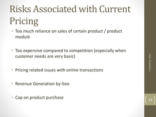 Risks Associated with Current 
Pricing 
• Too much reliance on sales of certain product / product 
module 
• Too expensive compared to competition (especially when 
customer needs are very basic) 
• Pricing related issues with online transactions 
• Revenue Generation by Geo 
Created by Yukta 
• Cap on product purchase 10 
 