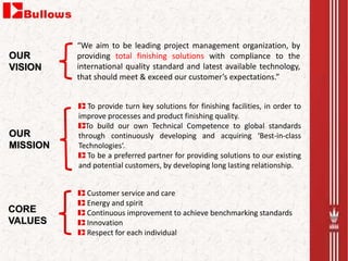 “We aim to be leading project management organization, by
providing total finishing solutions with compliance to the
international quality standard and latest available technology,
that should meet & exceed our customer’s expectations.”
To provide turn key solutions for finishing facilities, in order to
improve processes and product finishing quality.
To build our own Technical Competence to global standards
through continuously developing and acquiring ‘Best-in-class
Technologies‘.
To be a preferred partner for providing solutions to our existing
and potential customers, by developing long lasting relationship.
Customer service and care
Energy and spirit
Continuous improvement to achieve benchmarking standards
Innovation
Respect for each individual
OUR
VISION
OUR
MISSION
CORE
VALUES
 