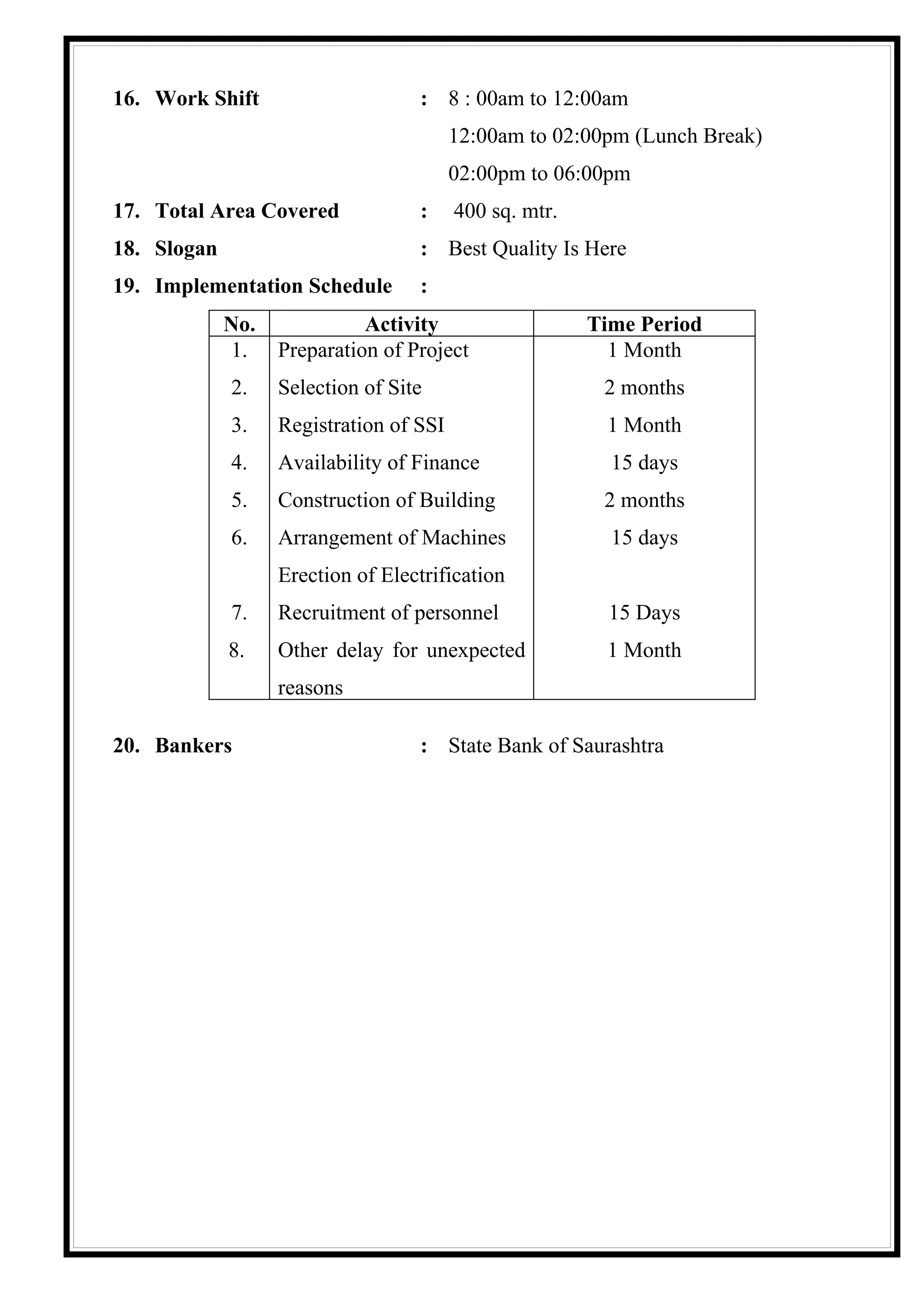 16. Work Shift                     : 8 : 00am to 12:00am
                                         12:00am to 02:00pm (Lunch Break)
                                         02:00pm to 06:00pm
17. Total Area Covered             :     400 sq. mtr.
18. Slogan                         : Best Quality Is Here
19. Implementation Schedule        :
             No.             Activity                   Time Period
             1.    Preparation of Project                 1 Month
             2.    Selection of Site                     2 months
             3.    Registration of SSI                   1 Month
             4.    Availability of Finance                15 days
             5.    Construction of Building              2 months
             6.    Arrangement of Machines                15 days
                   Erection of Electrification
             7.    Recruitment of personnel               15 Days
             8.    Other delay for unexpected            1 Month
                   reasons

20. Bankers                        : State Bank of Saurashtra
 
