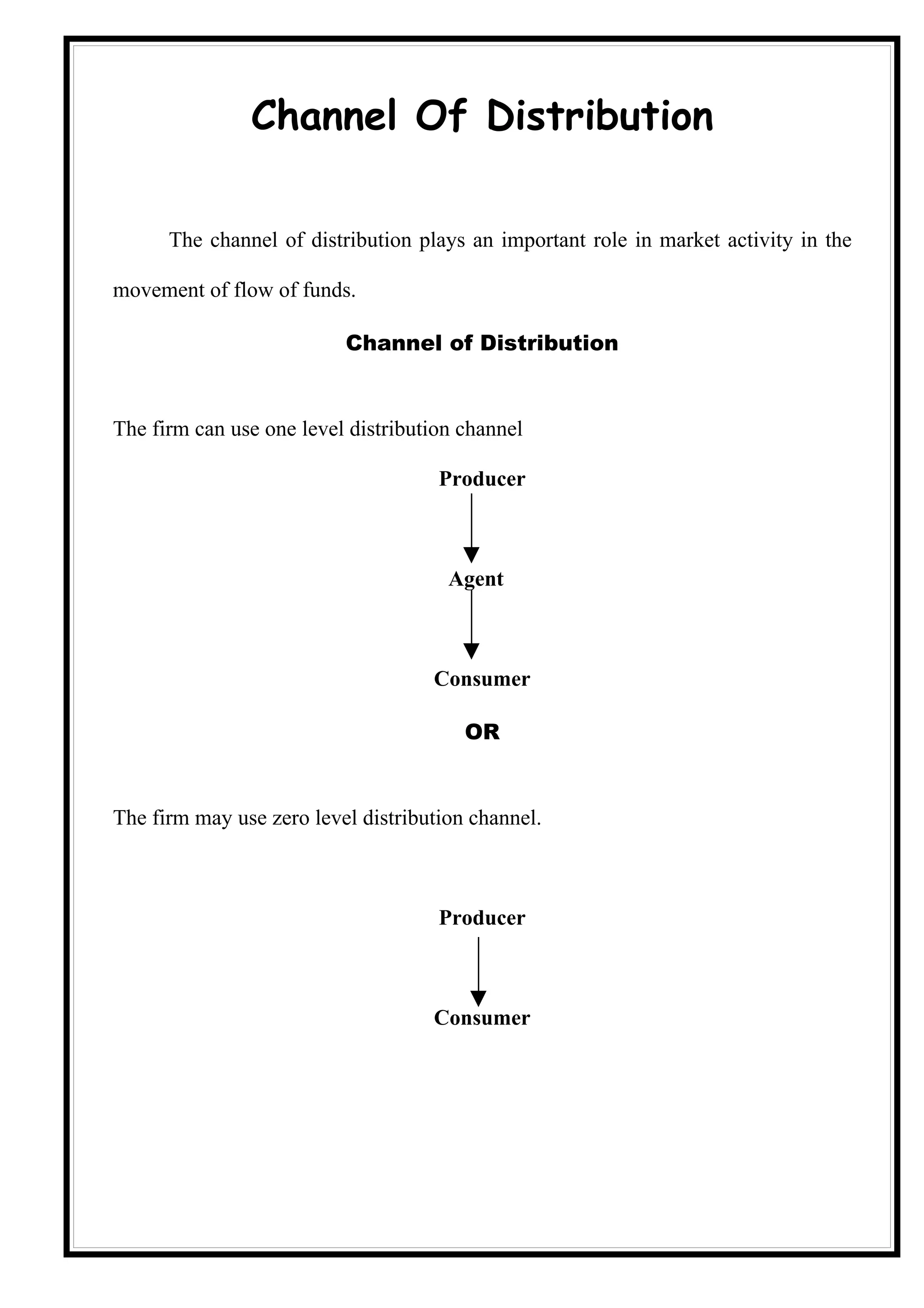 Channel Of Distribution

      The channel of distribution plays an important role in market activity in the

movement of flow of funds.

                          Channel of Distribution


The firm can use one level distribution channel

                                     Producer



                                      Agent



                                    Consumer

                                        OR


The firm may use zero level distribution channel.



                                     Producer



                                    Consumer
 