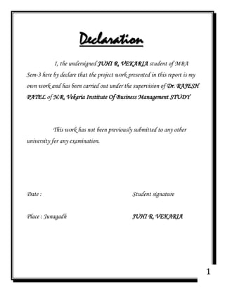 Declaration<br />                   I, the undersigned JUHI R. VEKARIA student of MBA Sem-3 here by declare that the project work presented in this report is my own work and has been carried out under the supervision of Dr. RAJESH PATEL of N.R. Vekaria Institute Of Business Management STUDY<br />This work has not been previously submitted to any other university for any examination.<br />Date :Student signature<br />Place : Junagadh         JUHI R. VEKARIA<br />Preface<br />Small is beautiful, so also, small scale industry. It is significant segment of the Indian economy & the objectives underlying its development are increase in the supply of manufactured goods, the promotion of capital formation, the development of indigenous entrepreneurial talents and skills and the creation of employment opportunities.<br />Students with initiative, creativity and Indian orientation have wonderful opportunities of becoming successful entrepreneurs of small scale business unit which have attained a lot of protection and encouragement from govt.<br />The subject “Entrepreneurship & Management of small scale business” adds further to the vocational guidance through the course of Master of Business Administration (M.B.A.).<br />Students enrolled in the course gain momentum to start their won business concerns after post graduation and they recognize their destination and difficulties by preparing this product project report. <br />Acknowledgement<br />I feel great pleasure to present this report of “Jeans”. I would like to heartily thanks to all the persons who have helped me in this report and give me adequate guidance and information for preparing this report.<br />I am thankful to Dr.Rajesh Patel the head of our business management department.<br />Date :Student signature<br />Place : Junagadh         Juhi R. Vekaria<br />Index<br />Sr. No.ParticularsPage No.Introduction to SSI7Introduction to the product8Product’s look - At a Glance9Justification of Location11Management setup14Partner’s background15Product Details18Sources of raw material19Market potential20Competitors & competitive strategy23Production process24Implementation schedule29Basic & Presumptions30Sales Details31Details of Land & Building32Details of Plant & Machinery32Other fixed assets33Total Fixed assets33Raw material requirements34Utilities34Man power requirement35Other administrative Exps. 37Total working capital38Total cost of project38Sources of fund39Interest39Depreciation40Maintenance & Repairs40Cost of Production41Profitability Analysis42BEP Analysis43Ratio Analysis44Cost Analysis46Risk Factors48Future Plans49Conclusion50Name & Address of machinery suppliers51Name & address of Raw material suppliers53<br />Introduction to SSI<br />Cottage & small scale industry have flourished in India since the early times. Even today they are a principal source of income & employment and their product find ready market in the country as well as abroad.<br />Small scale industry in India roughly provides employment to about 4.4 million people and constitutes a large position of the country’s exports. The govt. of India is well aware of the importance of small scale industry in our economy and growth of small scale industry i.e. establishment of various SSIs. All India Boards that give technical, financial and other relevant guidance to small scale industries, other benefits & concessions.  <br />Introduction to the product<br />Today Jeans are become popular product in the casual garment. The demand for Jeans is increasing day by day with the increase in population, with the adoption of western culture & industrial growth the demand for Jeans is increasing like anything. Jeans have left behind the tailor made cloth. It is been used all classes of people. Even in villages Jeans have become popular and people have started using it.<br />Jeans get a wider market in India. It has become very popular due to entry of the multinational companies in India and huge advertisement campaign. There is a large market in Gujarat as they Jeans factory has not developed in Gujarat as compared to Maharashtra & U.P. even in Mumbai.<br />So, JRV Jeans Mill has great opportunities to expand the market and can get heaviest rush of fashionable customers.<br />Project At a Glance<br />Name of the company<br />JRV Jeans MILLS<br />Address of the company<br />JRV Jeans MILLS, <br />G- 1875 Lodhika GIDC<br />Metoda<br />Rajkot (Gujarat)<br />Scale of the organization<br />Small scale industry<br />Type of firm<br />Partnership Firm<br />Nature of the product<br />Garments (Jeans)<br />Proposed name of the Brand<br />SWARA<br />Partners’ names<br />Juhi Patel<br />Tej Patel<br />Ramesh Patel<br />Estimated cost of the project<br />61,28,000<br />Market Area<br />Limited to Gujarat & Maharashtra<br />SSI Registration No.<br />Has been applied for<br />Justification of Location<br />Location of any industry plays a dominant role in the success or failure of the company. It has been rightly said that the mistake of selecting the wrong site cannot be corrected without heavy losses. Selecting a proper site for establishing SSI thus increase, as finance is a major constraint for a SSI unit.<br />The proposed location for the establishment of manufacturing facilities for my unit is GIDC, Metoda, Kalavad Road, Rajkot. Govt. has declared this area as an industrial area in past. Due to govt. incentives and initiatives, this are has developed very well with easy availability of infrastructure facilities.<br />The unit enjoys the following benefits of the location.<br />1. Raw Materials:<br />Raw materials is the basic constraint for all industries. Regular supply of raw material is very crucial to maintain the flow of production thus subsequently the cost of production can be reduced. Raw materials of Jeans like Denim cloth, cotton cloth, thread, button, rivet, zip, stickers etc. are obtained from Delhi, Mumbai, Ahmedabad and Sirmour. It takes time to purchase the raw materials so the order of raw materials is given in huge quantity so that there is smooth flow of production.<br />2. Labour Force<br />   Cheap & semi skilled labour force is easily available in large quantity in this area. Therefore, the availability of labour is convenient & economic.<br />3. Transportation <br />Transport facilities are mainly required for distribution of finished products to the retailers and wholesalers. The transportation cost is comparatively less as the market place is away at a distance of 13 kms.<br />4. Power<br /> Power is available from Gujarat Electricity Board (GEB) at subsidized rates, since the unit is located in an industrial area.<br />All the above mentioned factors are very crucial as they affect the cost of production as well as profitability and ultimately the success of the unit.<br />5. Other Locational Advantages<br />In addition to above mentioned advantages of GIDC, Metoda, Rajkot, there are several other benefits for having the project located at GIDC, Metoda, Rajkot.<br />Metoda is only 3 kms. Away from Rajkot hence unit is located at Metoda will avail all facilities available at Rajkot.<br />Metoda has got a full fledged telephone exchange making easier to contact anywhere in the world.<br />Management Setup<br />The three partners are entitled to take the post of directors. All the two partners i.e. Mr.Tej Patel, & Miss. Juhi Patel are the working parteners.<br />Miss. Juhi Patel will look after the marketing & trade setting as he has completed B.B.A. with marketing. Second partner Mr. Tej Patel shall handle accounting, financial and personnel as he has experience in same field and holds B.com and C.A. The third partner Mr. Ramesh patelshall handle production & designing as he has past experience of 2 years in same field and also holds MBA advance diploma in fashion designing.<br />The capital ratio of all three partners i.e. Miss.Juhi Mr. Tej& Mr. Rameshbhai is 30:40:30 respectively. And profit will be shared as per capital sharing ratio.<br />Partner’s Background<br />Partner - 1<br />Full Name:Juhi Patel<br />Age:21<br />Address:Near old Alpha,Junagadh-362001<br />Academic<br />Qualification:MBA (Marketing)<br />Role in Unit:He is a fresher with leadership quality who will look after marketing & trade setting<br />Experience:Taken training in the units like <br />Apex Industries Pvt. Ltd.<br />L & T cements &<br />Idea Cellular Ltd.<br />Financial<br />Contribution:30%<br />                                                                                       Partner=2<br />Full Name:Tej patel<br />Age:24<br />Address: Near old Alpha,Junagadh-362001<br />Academic<br />Qualification:B. Com, C.A.<br />Role in Unit:He will look after Accounting, Finance & Personnel<br />Experience:2 years of experience in managing accounting          & financing department at Park Avenue,                  Rajkot<br />Financial<br />Contribution:40%<br />Partner - 3<br />Full Name:Rameshbhai patel<br />Age:38<br />Address: Near old Alpha,Junagadh-362001<br />Academic<br />Qualification:MBA advance diploma in fashion designing<br />Role in Unit:He will look after production & designing<br />Experience:12 years experience in designing garments at Arvind Mills ltd.<br />Financial<br />Contribution:30%<br /> Product Detail<br />Raw Material :<br />The main raw materials required to produce the Jeans are Denim & cotton clothes, thread, button, rivet, zip, stickers.<br />Product & its use:<br />The popularity and the demand of Jeans is increasing day by day. Jeans have left behind the tailor made cloth. Consumer can wear Jeans casually with shirt or short shirts & T-shirts. Today, consumers wear Jeans even with blazers. Even in villages people have started wearing Jeans. Each & every class of people wear Jeans. So, we can say that it can be matched in any style and it can be changed your style.  <br />Sources of Raw Material<br />Generally, the raw material of Jeans is available from outside Gujarat.<br />Denim ClothMumbai<br />Cotton ClothAhmedabad<br />ThreadSirmour<br />ButtonDelhi<br />RivetDelhi<br />ZipDelhi<br />StickersAhmedabad<br />Market Potential<br />Marketing now-a-days, has become more important and complex than before. It is very essential to have a sound marketing system which includes a well selected distribution channel, well worded and attractive advertisement, reasonable as well as affordable price and above all a good quality product.<br />We are giving stress on all these four factors of marketing to achieve the greater market share. Because we know that if the marketing system is sound, 89% of problems will be solved automatically.<br />Quality<br />Our maximum emphasis is given on quality. The quality of our product is not only competitive because we know that mere competitiveness is not sufficient for viability. We always want to be one step ahead from others.<br />Price <br />The prices of our products are affordable to middleclass people who are our target market. Our firm understands “Value for money” very well and so “High sales at low margins” is our motto.<br />Distribution channel<br />For distribution our products to our valuable customers we have not to chosen any complex channel but we have adopted one level channel involving only one intermediary i.e. retailers. This is only to ensure the availability of our products on demand. Due to adoption of such type of channel we have been able to change reasonable price for our product as it is well known that every new addition in channel costs something extra to its ultimate customer.  <br />ManufacturerCustomers<br />   Money flow<br />RetailersProduct Flow<br />Advertising<br />Advertising is an important element of marketing mix, particularly of promotion mix. Advertising is a tool for communication. In other words we can say that is an art to create demand for product by making people aware and pursuing them to purchase the product.<br />As our firm is still in the infancy stage and the market is limited, it is not possible to bear the heavy expenditure on advertising. The product is advertised on a small scale through big wall painting and banners in different town and villages and in local newspapers and magazines.<br />Competition & Competitive Strategy<br />Jeans are high fashioned products which are continuously affected by the change in fashion, preference etc. So to stand with and face the competition in our field we have to continuously watch the changes going in our field. We introduced some new designs, new styles, high fashioned Jeans also in the market to overtake the competitors.<br />We remain continuously in touch with the fashion and style introduced in foreign markets so that we can give totally new styles & designs to home market.<br />Ours is a business of heavy competition, but we manage it by remaining in touch with the current trends in the fashion in our market area. Advertising is also a helping factor to face the competition and to maintain our market.<br />For us the local manufacturers are main competitors.  <br />Production Process<br />Production is the basic activity of all industrial units. All other activities revolve around this activity. The end product of the production activity is the creation of goods & services for the satisfaction of human wants. Production means to make finish product from the raw material & semi finished goods production. Process means how to produce the product with the use of man, machine, material & management.<br />OUTPUTSProductsServiceInformationProducts or ServicesINPUTSMaterialsLabourCapitalEnergyInformationRESOUCRCES<br />PRODUCTION FUNCTION<br />JRV Jeans Mill produces the Jeans in the following steps<br />     Cutting Process<br />Over lock<br />   Embroidery Work<br />    Stitching Process<br />  Fitting<br /> Washing<br />  Ironing<br />  Folding<br /> Packing<br />  Storing<br />FOLLOWING ARE THE STEPS OF THE PRODUCTION PROCESS OF THE JEANS<br />1. Cutting<br />JRV Jeans Mill uses computerized machine to cut the Jeans. First of all the designer give the programmed of all detail about Jeans, which include size & shape in computer. In the computer arrange the machine’s part for the cutting and the cutting man put 10 pieces of clothes under cutting table then he starts the machine to cut the entire cloth into needed pieces when all the pieces of cloth are ready for the over lock process.<br />2. Over Lock<br />The over lock knight the cloth border so that cloth can’t be scattered. In the process of over locking the machine operator over lock the needed pieces of cloth for stitching. <br />3. Embroidery Work<br />The JRV Jeans Mill use the computerized embroidery machine for the embroidery work. The designer gives the programme in computer and makes article design in cloths.<br />4. Stitching<br />The stitching of Jeans is divided into 20 parts of work division among the 20 machines. In this process the Jeans is to be stitched through 10 chain stitch machines and 10 simple stitch machines. The machines are arranged according to the stitching process. There are 3 departments of the Jeans stitching. Finally, Jeans go for the further production process.<br />5. Fitting<br />Fitting means to attach the button and make button holder through the machine in the Jeans. After if the Jeans go for the rivet attach in the machine and then they are ready for the acid wash.<br />6. Washing<br />After fitting the Jeans waterman wash the Jeans in acid and detergent powder in the washing machine and dry it in a drier and then Jeans are ready for the ironing.<br />7. Ironing<br />After washing all the Jeans ironed through big electric iron it is ready for the fold.<br />8. Folding<br />All the Jeans goes into the folding machine and the machine operator fold it according to the Jeans fold style and it goes for packaging.<br />9. Packaging & Storing<br />After folding the Jeans are packed into the poly bags and paper boxes then store into the finished goods storage.<br />From the above way the production process of the Jeans is finished.<br />Implementation Schedule<br />I take maximum one and half year to implement this type of project the time required for completing each activity of the project till commercial production is as follows:<br />No.ActivityCompletion Time1Preparation of Project1 month2Selection of a site2 months3Registration of SSI1 month4Availability of finance3 months5Construction of building7 month6Arrangement of machines & equipments1 month7Erection & commissioning including electrification1 month8Recruitment of personnel & Labour2 month<br />Basic & Presumptions<br />The proposed production of 30,000 per annum of Jeans in the 1 shift basic 9 hours in more than 300 working days in a year<br /> Shift:Single Shift<br /> Working hours:1) 10:00 A.M. to 7:00 P.M.<br />Break 1:00 P.M. to 2:00 P.M.<br />The units required 2 to 3 years to achieve full capacity utilization. The first company utilized 60% capacity.<br />The wages proposed in the project are as per privileged wage practice in the area.<br />Land value and construction cost has been taken on an average basis since it varies from place to place.<br />The cost of machinery & equipment has been proposed in the project after consulting the foreign machinery supplier. 50% machines are brought from Germany.<br />Sales Details<br />For the first year JRV Jeans Mill wants to achieve the target of selling 30,000 Jeans<br />The following are the configuration of the  Jeans:<br />ParticularSales QuotaPriceTotalJeans 1700020014,00,000Jeans 2800027522,00,000Jeans 31000032532,50,000Jeans 4500039019,50,000Total3000088,00,000<br />Financial Details<br />Details of Land & BuildingNo.ParticularsAreaRateTotal1Land2000 yards2254,50,0002Building2000 sq. ft.3507,00,000Total11,50,000<br />Details of Plant & MachineryNo.ParticularsQty.Amount (Rs)1Simple stitch machine102,00,0002Chain stitch machine64,80,0003Folding machine 11,50,0004Stain removing machine170,0005Washing machine23,00,0006Cutting machine12,00,0007Fitting machine11,00,0008Embroidery machine21,00,0009Iron125,00010Printing machine175,00011Over lock machine21,00,00012Logo-making machine125,00013Handling equipment-75,000Total19,00,000<br />Other Fixed AssetsNo.ParticularsQty.Amount (Rs)1Delivery Van25,00,0002Furniture-3,50,000Total19,00,000<br />Preliminary & pre operative expenses Rs. 5,00,000<br />Total Fixed AssetsNo.ParticularsAmount (Rs)1Land & Building11,50,0002Plant & Machinery19,00,0003Other Fixed Assets8,50,0004Preliminary & Pre-operative Exps.5,00,000Total44,00,000<br />Raw Material Requirements<br />No.ParticularsQty.RateMonthly3 MonthlyAnnually1Denim cloth4000 m602,40,0007,20,00028,80,0002Cotton cloth2000 m601,20,0003,60,00014,40,0003Thread-15,00045,0001,80,0004Button350000.724,50073,5002,94,0005Zip50004.824,00072,0002,88,0006Stickers350001.552,5001,57,5006,30,0007PocketingClothes500 m84,00012,00048,000Total4,80,00014,40,00057,60,000<br />UtilitiesNo.ParticularsQty.RateMonthly3 MonthlyAnnually1Electricity1000 KWH1010,00030,0001,20,0002Water--1,0003,00012,000Total11,00033,0001,32,000<br />Man Power Requirements<br />Top LevelNo.ParticularsNo. of EmployeesMonthlySalary3 MonthlySalaryYearly Salary1Manager210,00030,0001,20,0002Accountant15,00015,00060,0003Designers15,00015,00060,000Total20,00060,0002,40,000<br />Middle LevelNo.ParticularsNo. of EmployeesMonthlySalary3 MonthlySalaryYearly Salary1Salesman510,00030,0001,20,0002Clerk Typist11,5004,50018,0003Store keeper22,5007,50030,000Total14,00042,0001,68,000<br />Levels of ManagementLevels Of ManagementMonthly Salary 3 Monthly SalaryAnnual SalaryTop Level20,00060,0002,40,000Middle Level14,00042,0001,68,000Lower Level40,0001,20,0004,80,00074,0002,22,0008,88,000<br />Middle LevelNo.ParticularsNo. of Emp.MonthlySalary3 MonthlySalaryYearly Salary1Stain stitch machine Operator610,80032,40001,29,0002Simple stitch machine Operator1016,00048,0001,92,0003Folding machine Operator11,5004,50018,0004Washing machine Operator11,0003,00012,0005Cutting &  Fitting  machine Op.11,5004,50018,0006Embroidery machine Operator23,0009,00036,0007Over Lock machine Operator11,2003,60014,4008Printing machine Operator11,2003,60014,4009Iron Machine Operator11,0003,00012,00010Packing machine Operator11,0003,00012,00011Watchman21,8005,40021,600Total1,20,0004,80,000<br />Other Administrative Expenses<br />No.ParticularMonthly 3 Monthly Annually 1Telephone1,5004,50018,0002Postage & stampDuty5001,5006,0003Advertising & Marketing4,50013,50054,0004Consumer stores1,2003,60014,4005Miscellaneous3009003,600Total8,00024,00096,000<br />Total Working Capital<br />No.ParticularMonthly 3 Monthly Annually 1Raw Material4,80,0014,40,00057,60,0002Utility11,00033,0001,32,0003Wages & salary74,0002,22,0008,88,0004Administrative Exp.8,00024,00096,0005Other contingencies3,0009,00036,000Total5,76,00017,28,00069,12,000<br />Total Cost of Project<br />No.ParticularsAmt. (Rs.)1Total Fixed Capital44,00,00002Total Working Capital17,28,000Total61,28,000<br />Sources of Fund<br />No.ParticularsPercentageAmt. (Rs.)1Owned Capital   Miss.Juhi Patel (30%)   Mr. Tej Patel(40%)   Mr.Rameshbhai Patel (30%)60 %36,76,8002Borrowed Capital40 %24,51,200Total61,28,000<br />Interest<br />No.ParticularsPercentageAmt. (Rs.)1Owned 9.5 %3,49,2962Borrowed Loan (SBS)12.5 %3,06,400Total6,55,696<br />   <br />Depreciation<br />No.ParticularValueRateAmt.1Building11,50,00015%1,72,5002Machinery19,00,00025%4,75,0003Other Fixed Assets8,50,00012%1,02,000Total7,49,500<br />                                                                                                                         <br />No.ParticularValueRateAmt.1Building11,50,0005%57,5002Machinery19,00,0005%95,0003Other Fixed Assets8,50,0005%25,000Total1,77,500<br />   Maintenance & Repair<br />Cost of Production<br />No.ParticularsAmt. (Rs.)1Raw Material57,60,0002Utilities1,32,0003Manpower8,88,0004Repairs & Maintenance1,77,500Total69,57,500<br />ParticularsAmt. (Rs.)Amt. (Rs.)             Sales88,00,000(Less)   Variable Cost Raw Material57,60,000Utilities84,000Manpower4,44,000Admin. Exp.96,000Other contingencies36,00064,20,000Contribution23,80,000(Less) Fixed CostUtilities48,000Manpower4,44,000Depreciation7,49,500Maintenance & Repairs1,77,500Insurance20,000Int. on loan6,55,69620,94,696Profit Before Tax (PBT)2,85,304(Less) 35% Tax99,856Profit After Tax (PAT)1,85,448<br />Profitability Analysis<br />BEP Analysis<br />No.ParticularsAmt. (Rs.)1Sales88,00,0002Variable cost64,20,0003Fixed Cost20,94,696<br />PVR = Contribution x 100<br />Sales<br />=23,80,000 x 100=27.05%<br />88,00,000<br />BEP (in Rs.)=Fixed Cost<br />   PVR<br />=20,94,696=77,43,793 Rs.<br />  27.05%<br />BEP (in %)=Fixed costx utilized capacity<br />Contribution<br />=20,94,696x 60=52.81%<br />23,80,000<br />Ratio Analysis<br />Return on Investment<br />ROI=        EBIT          x 100<br />        Project Cost<br />=  9,53,000  x 100          61,28,000<br />=15.55%<br />EBIT=PBT +  TOTAL INTEREST<br />=2,85,304+6,55,696<br />=9,41,000<br />Net Profit Ratio<br />NPR=PAT x 100<br />Sales<br />=1,85,448      x 100          88,00,000<br />= 2.11%<br />Gross Profit Ratio<br />GPR=Gross Profit x 100<br />     Sales<br />=18,42,500  x 100<br />                                     88,00,000=20.94<br />Fixed Assets Turnover Ratio<br />F.A.T.R.=          Sales    .     <br /> Fixed Assets<br />=88,00,000<br />39,00,000<br />=2.26%<br />Cost Analysis<br />ParticularsAmt. (Rs.)Amt. (Rs.)Variable Cost     Raw MaterialDenim Cloth28,80,000Cotton Cloth14,40,000Thread1,80,000Button 2,94,000Zip2,88,000                Stickers 6,30,000                  Pocketing Clothes48,000      Other contingency36,00057,96,000Semi Variable CostUtilities1,32,000Administrative Exps.96,000Man Power (Lower Level)4,80,0007,08,000Fixed CostPreliminary & Pre-operative expenses written off50,000Man Power (Middle & Top level)4,08,000Interest on capital6,55,696Depreciation7,49,500Repairs & Maintenance1,77,50020,40,696Total Cost85,44,696<br />Risk Factors<br />1. Competition<br />There is always risk of competition from existing and potential units will be there. But to avoid this risk, cost reduction through minimum utilization of resources, use of good quality of raw materials, operating efficiency etc. will be helpful.<br />2. Adaptability to changes<br />Constant changes take place in the design and pattern of Jeans. Moreover changes in government policy and such other changes also affect the unit. The risk of remaining unable to adopt such changes is there but constant check of these aspects will be useful to avoid the risk. In short, the factor positioning risk is not much strong and thus securing the success for the unit.<br />Future Plan<br />Future plan is advance thinking of the future activity. Every company has ambition to achieve bright future. So, they are starting at present to achieve the future target. Future plan is a presentation of future activity and position. <br />From the above discussion JRV Jeans Mill has an ambition to achieve bright future. The following are future plans of JRV Jeans Mill.<br />JRV Jeans Mill has an ambition of leading company in the garment world.<br />Company want to launch other items like shirt, trouser, T-shirt and even under garment in future.<br />JRV Jeans Mill wants to have its retail stores all over India as well in abroad.<br />JRV Jeans Mill wants to do business abroad and compete with the company.<br />From the above we can say that JRV Jeans Mill wants to earn more & more prestige in the garment world.<br />Conclusion<br />Today’s generation is very much conscious about the garments. The consumption of new fashionable garments increase day by day especially Jeans.<br />A Jeans became popular garment in all over the world. So, the demand increases day by day and the fashion trend changes every day in jeans. At present take an example of world leading Jeans producing company Wrangles, Lee, GAP, Flying machine etc. have launched the range Jeans trend. So, the Jeans is a forever product in the garments. It indicate that the demand of the Jeans will increase in India as well as foreign culture the company has wide spread market.<br />It indicate future expansion and development of the project according to proposed project is consider to have better prospects.   <br />Name & Address of Machinery Suppliers<br />Mainly 50% of the machineries are purchased from Germany and remaining 50% are as follows:<br />1.M/s KRISHNA ENGINEERING WORKS<br />13, MIDC Estate,<br />Nagpur – 470002<br />Maharashtra<br />2. M/s SHAH ENGINEERING<br />55, Govt. Industrial Estate<br />Kandiwali (E)<br />Mumbai - 400006<br />Maharashtra<br />3. M/s GOPAL ENGINEERING WORKS<br />Dashmesh Nagar Gali No – 6<br />Gill Road,<br />Ludhiana<br />Punjab<br />4. M/s GOLDNE ENGINEERING INDUSTRY,<br />Naraina Industrial Area,<br />Phase - I<br />New Delhi<br />5.M/s Perfect Engineering<br />Link Road,<br />Ludhiana<br />Punjab<br />Name & Address of<br />Raw Material Suppliers<br />1.PASUPATI SPG &  WVG MILLS LTD.<br />Village Kheri Kata – Amb<br />Nahan, Distt. Sirmour (H.P.)<br />2.ARVIND MILLS LTD.<br />Ahmedabad<br />3.RADHE MILLS LTD.<br />40, Govt. Industrial Estate<br />Kandiwali (E)<br />Mumbai – 400006<br />Maharashtra<br />4. SHRINATH INDUSTRY PVT. LTD.<br />Naraina Industrial Area,<br />New Delhi<br />