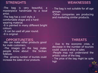 -The bag is very beautiful, a
masterpiece handmade by a local
artist.
-The bag has a cool style, a
comfortable shape and a hard-
wearing material.
-It is painted in many different bright
colours
- It can be used all year round.
-It is original.
- The bag is not suitable for all age
groups.
-Other companies are producing
and marketing similar products.
-We can make other products good
for male customers.
-The images on the bag make
people know about the Sicilian
folklore.
-The growing number of tourists could
increase the sales of our products.
- Due to the economic crisis, a
decrease in the number of tourists
could cause a drop in sales
-People may not understand the
artistic value of the bag.
- The price of the bag might be quite
high
 