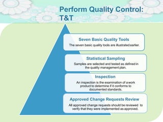 Perform Quality Control:
T&T
Seven Basic Quality Tools
The seven basic quality tools are illustratedearlier.
Statistical Sampling
Samples are selected and tested as defined in
the quality management plan.
Inspection
An inspection is the examination of awork
product to determine if it conforms to
documented standards.
Approved Change Requests Review
All approved change requests should be reviewed to
verify that they were implemented as approved.
 