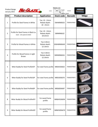 Line Product description Application Stock code Barcode
1 Profile for Steel frames in White
Toe: 10 - 13mm
Rebate depth:
18 - 25mm
SW4MM6632 700083076632
2
Profile for Steel frames in Black (no
stock - only special order)
Toe: 10 - 13mm
Rebate depth:
18-25mm
SB4MM6632
3 Profile for Wood frames in White
Toe: 6-8mm
Rebate depth:
12-14mm
WW4MM6649 700083076649
4
Profile for Wood frames in Light
Brown
Toe: 6-8mm
Rebate depth:
12-14mm
WB4MM6656 700083076656
Rebate size
Product Range
January 2015
Image
Outside
Toe height
Rebate depth
Inside
5 Miter Buddy for Steel Profile45º For steel frame profile MBS45D6663 700083076663
6 Miter Buddy for Steel Profile50º For steel frame profile MBS50D6670 700083076670
7 Miter Buddy for Steel Profile60º For steel frame profile MBS60D6687 700083076687
8 Miter Buddy for Wood Profile45º
For wood frame
profile
MBW45D6694 700083076694
9 Miter Buddy for Wood Profile50º
For wood frame
profile
MBW50D6670 700083076700
 