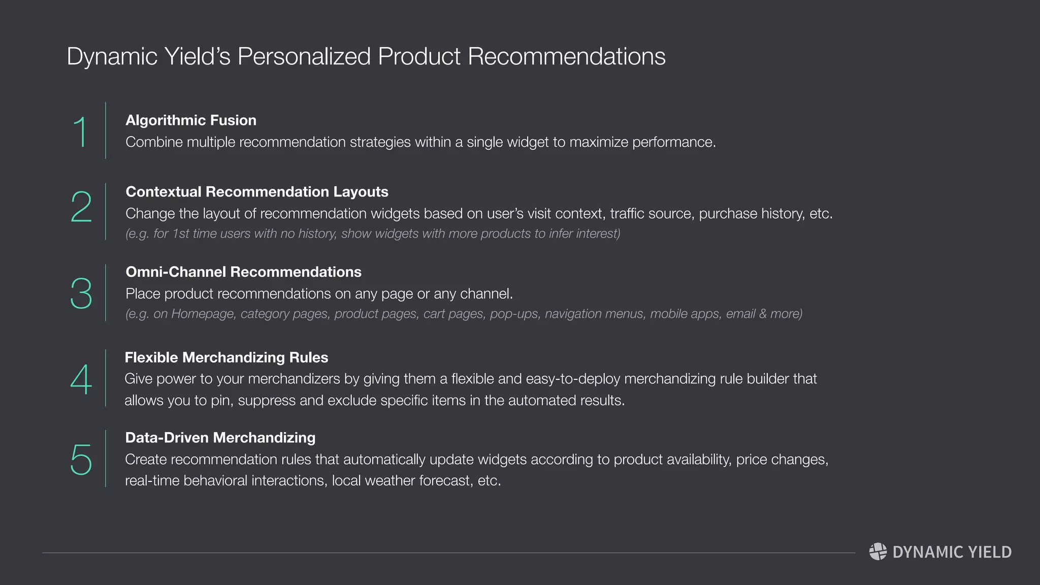 No Price Consideration
Price has no impact on
recommendation algorithm
Revenue Per User
+13.77%

-3.34%

Moderate Price Consideration
Price has moderate impact on
recommendation algorithm.
Medium range products are
pushed more in this approach.
Aggressive Price Consideration
Price has heavy impact on
recommendation algorithm.  
More expensive products are
included in this approach.
$80

$70

$60

$50

$40
Take price into consideration when recommending products, but don’t overdo it
Key Insight: 

Test price consideration (medium
to high) to identify the sweet spot
that maximizes revenue.
 