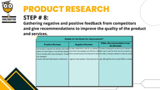 PRODUCT RESEARCH
STEP # 8:


Gathering negative and positive feedback from competitors
and give recommendations to improve the quality of the product
and services.
 