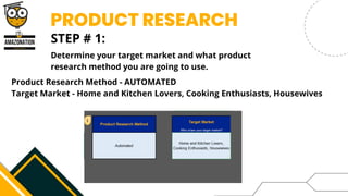PRODUCT RESEARCH
Determine your target market and what product
research method you are going to use.
STEP # 1:
Product Research Method - AUTOMATED
Target Market - Home and Kitchen Lovers, Cooking Enthusiasts, Housewives
 