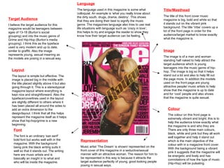 Title/Masthead The title of this front cover music magazine is big, bold and white so that it stands out on the vibrant pink background. The title ‘Vibe’ covers up a lot of the front page in order for the audience/target market to know exactly what the magazine is.  Image The image is of a man and woman standing half naked to help attract the target audience which is young teenagers into the music genre of hip-hop. The image is big so that it helps stand out a lot and also to help fill out the page more. In addition the models used on the front page are young attractive people/ music artists to help show that the magazine is up to date and for ‘cool’ people and also shows that the magazine is quite sexual.  Font The font is an ordinary ‘san serif’ bold font but works well with in the magazine. With the background being pink the black writing suits it well so that it stands out. The writing here are music artists and is basically an insight in to what and who will be inside the magazine.  Colour The colour on this front page is extremely vibrant and bright; this is to help the audience know exactly what the magazine is and who they are. There are only three main colours, black, white and pink but they all work well together and help it stand out which is the main objective of the colour with in a magazine front cover. With the background being a vibrant pink it suggests that the magazine will be energetic and lively and has connotations of how the type of music (Hip-Hop) will be pulsating.  Layout The layout is simple but effective. The image is placed big in the middle with the title placed slightly above it but also going through it. This is a stereotypical magazine layout where everything is kept nice and straightforward. Also the typeface/coverlines used in the layout are slightly different to others where it has been placed all around the sides to add an extra dimension to the design/layout. I think that all this helps represent the magazine itself as it helps show that hip-hop/grime is a new beginning.  Language The language used in this magazine is some what colloquial. An example is ‘what you really know about the dirty south, drugs, drama, destiny’. This shows that they are doing their best to signify the music genre. The magazines language also tries to use real life situations with language such as ‘crazy in love’; this helps to try and engage the reader to show they know how their target audience can be feeling.  Target Audience I believe the target audience for this magazine would be teenagers between ages of 13-18 (Burton’s social grouping) and into the music genre of Grime and Hip-Hop (Burton’s media grouping). I think this as the typeface used is very modern and up to date, similar to graffiti. Also the image represents young, sexual meaning as the models are posing in a sexual way.  Representation Music artist ‘The Dream’ is shown/ represented on the front cover of this magazine in a seductive/sexual manner with an attractive woman. The reason for him to be represented in this way is because it attracts the target audience perfectly of young, good looking people posing in sexual ways. 