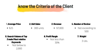 know the Criteria of the Client
6. Profit Margin
Average Price
1. 4. Number of Review
2. Unit Sales
5. Search Volume of Top
3 main/Most relative
Keywords
3. Revenue
$25 300 units $7,000 Not exceeding to
500
Not below to
2,000
Not less than
30%
7. Weight
3 Lbs.
 