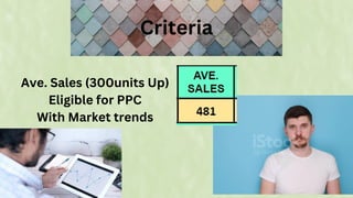 Criteria
Ave. Sales (300units Up)
Eligible for PPC
With Market trends
 