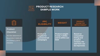 PRODUCT RESEARCH
SAMPLE WORK
We then determine if
our product meets all
our product criteria
checklist.
Product
Checklist
PPC
ELIGIBILITY
Product is
eligible for
sponsored ad
campaigns
WEIGHT
Product weight
is only 1.92lbs
and is within our
limit
PRODUCT
ROOM FOR
IMPROVEMENT
Based on
competitor
listing and
product
reviews, the
said item can
be improved.
 
