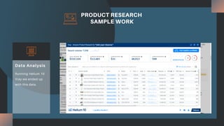 PRODUCT RESEARCH
SAMPLE WORK
Running Helium 10
Xray we ended up
with this data.
Data Analysis
 