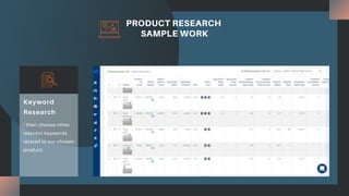 PRODUCT RESEARCH
SAMPLE WORK
I then choose other
relevant keywords
related to our chosen
product.
Keyword
Research
 