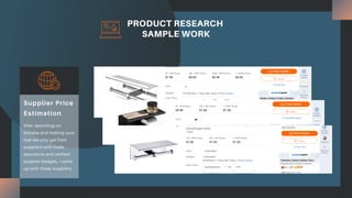 PRODUCT RESEARCH
SAMPLE WORK
After searching on
Alibaba and making sure
that we only get from
suppliers with trade
assurance and verified
supplier badges, I came
up with these suppliers.
Supplier Price
Estimation
 