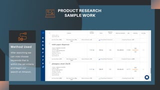 PRODUCT RESEARCH
SAMPLE WORK
After searching we
can now choose
keywords that is
within the set criteria
and begin our
search on Amazon.
Method Used
 